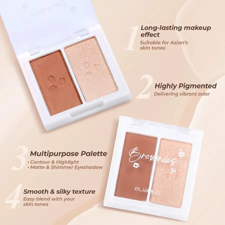 Makeup palette with brown and beige shades on a beige background, featuring text about product features.