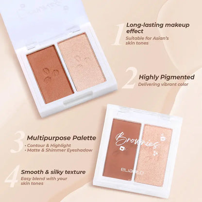 Makeup palette with brown and beige shades on a beige background, featuring text about product features.