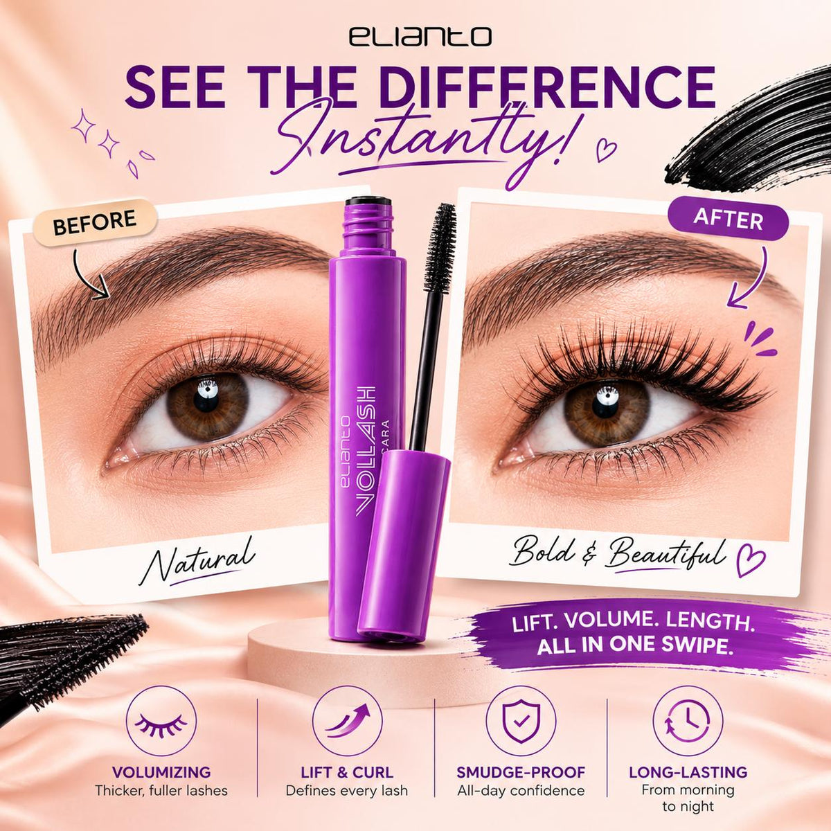 Elianto Vollash Mascara - Waterproof & Long-Lasting Mascara