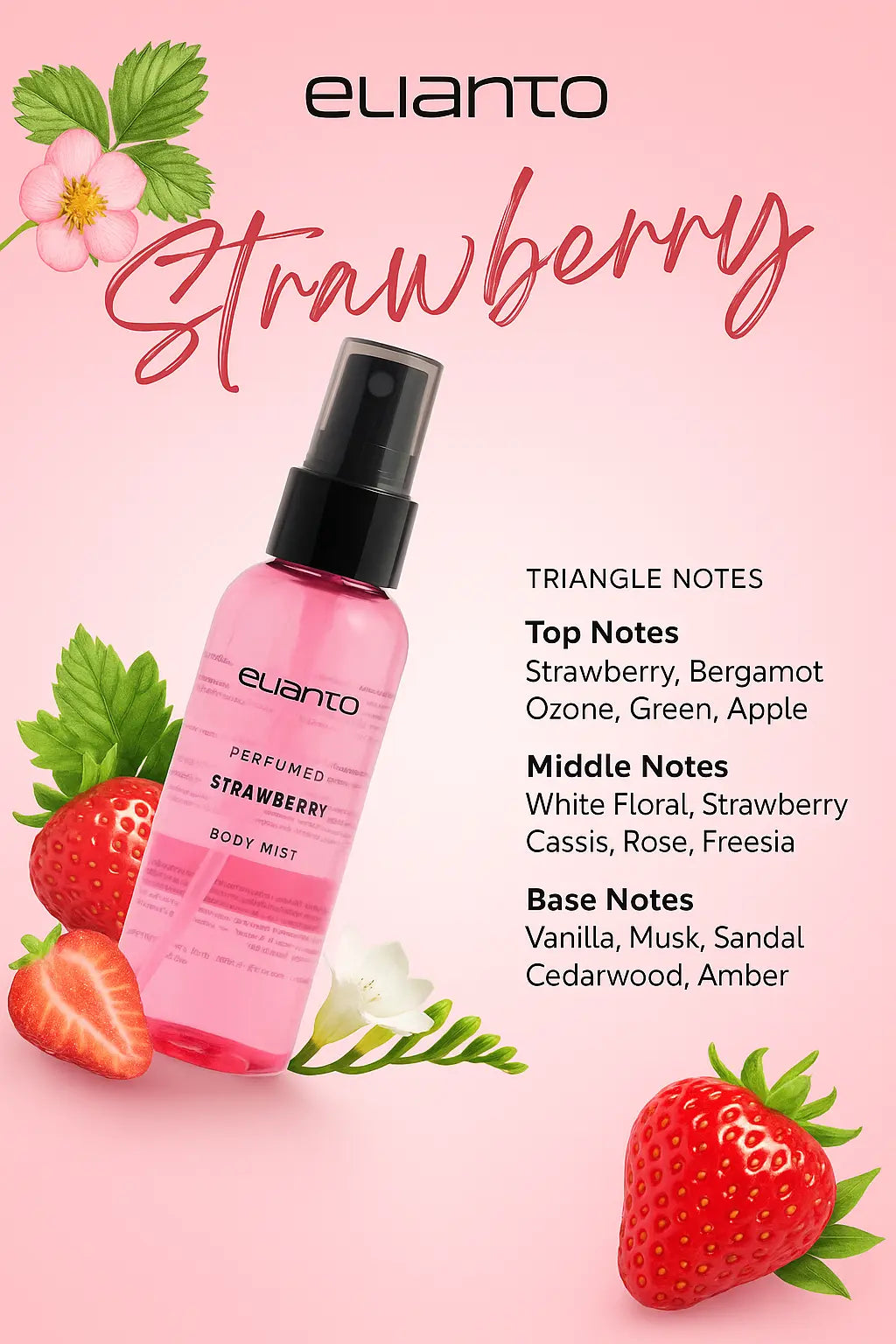 Elianto Strawberry perfume bottle with strawberry graphics and product details on a pink background