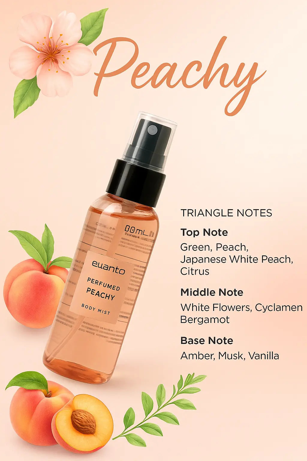 Perfume bottle labeled 'Peachy' with peach illustrations and fragrance notes on a peach background