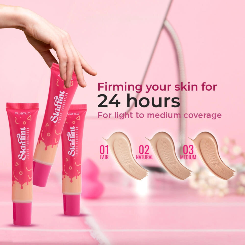 Elianto Skin Tint Liquid Foundation with lightweight, buildable coverage for a natural, radiant finish that evens out skin tone