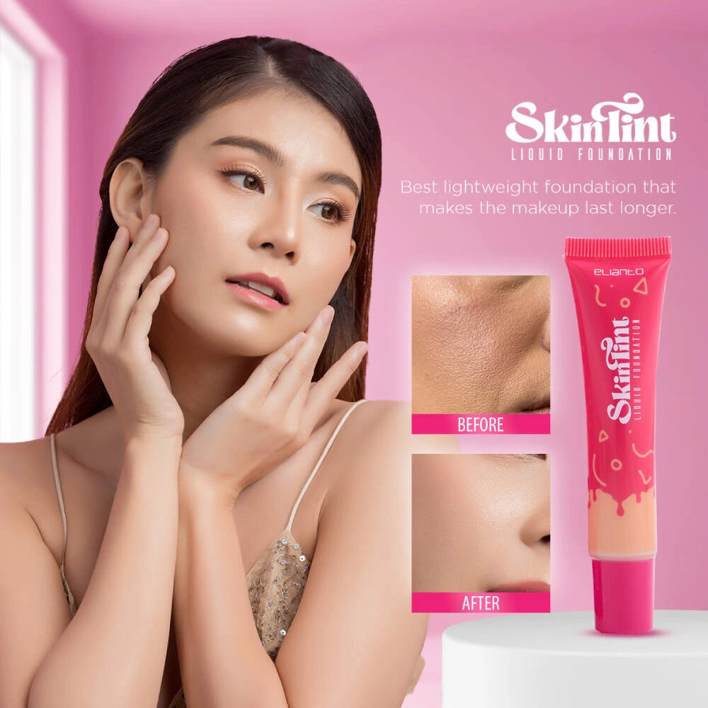 Woman applying liquid foundation, showcasing natural, dewy coverage and smooth blending effect.