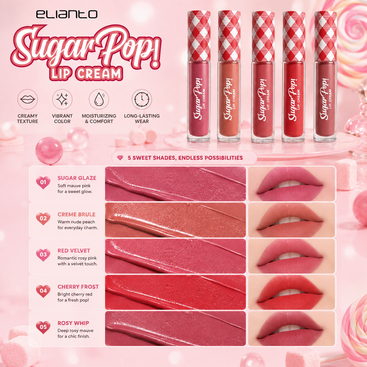 Elianto Sugar Pop Lip Cream - Semi-Matte Finish, Comfortable for Daily Use