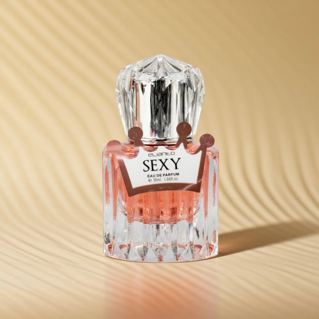 Close-up of Elianto Sexy Queen EDP bottle showcasing elegant design and soft pink tones.