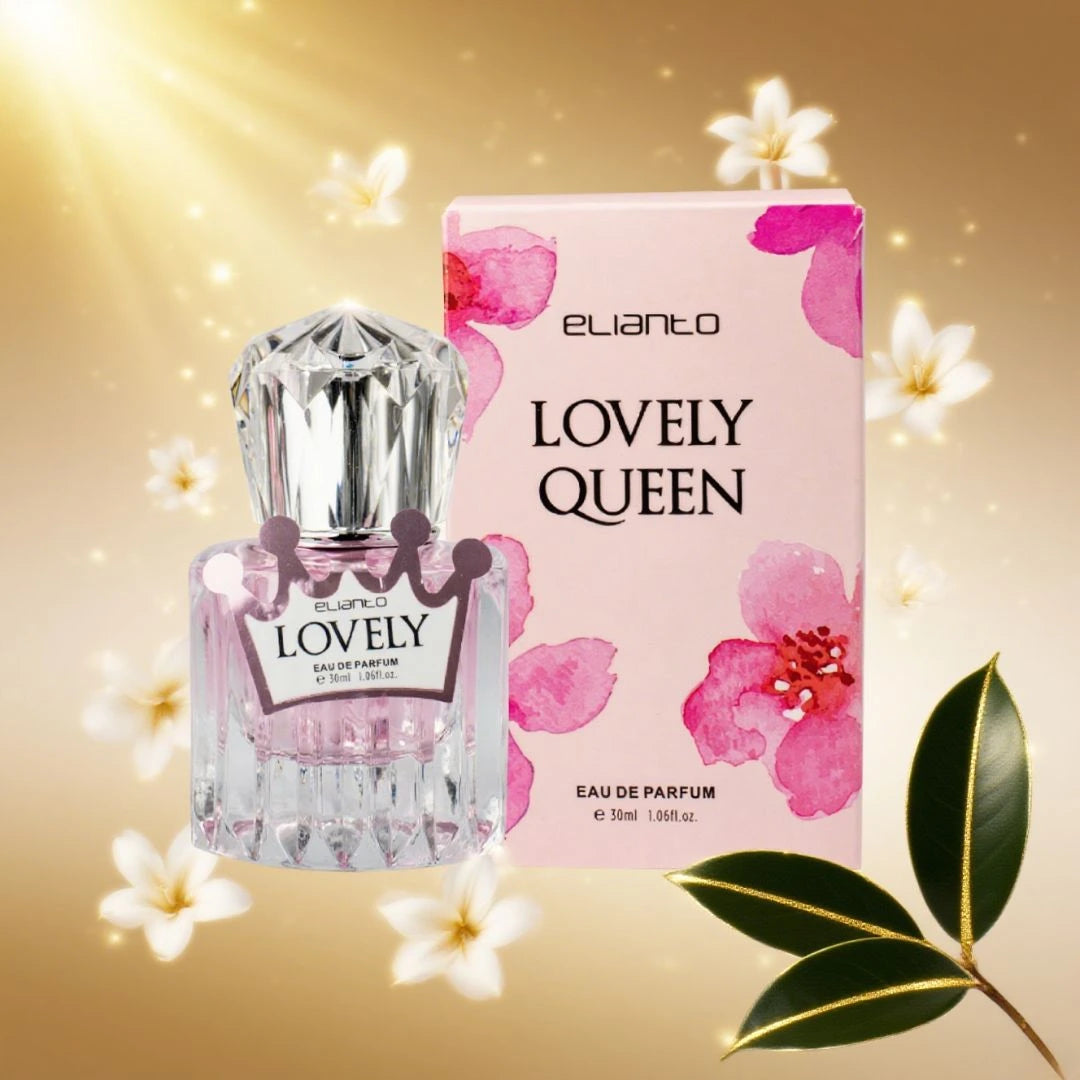 Elianto Lovely Queen perfume bottle surrounded by citrus fruits and floral decorations.