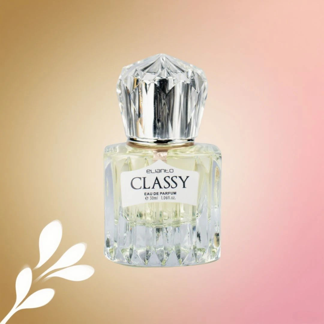 Elegant perfume bottle of Elianto Classy Queen with light pink and white flower accents.