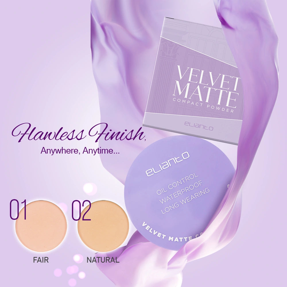 Elianto compact powder with smooth matte finish, perfect for oil control and touch-ups, in a sleek portable case