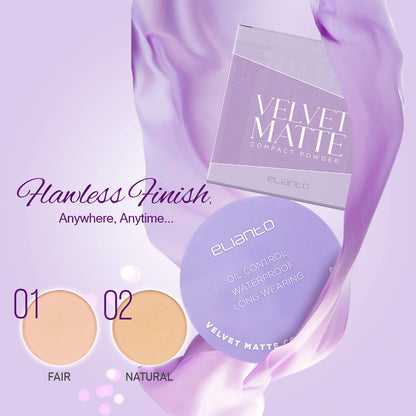 Elianto compact powder with smooth matte finish, perfect for oil control and touch-ups, in a sleek portable case