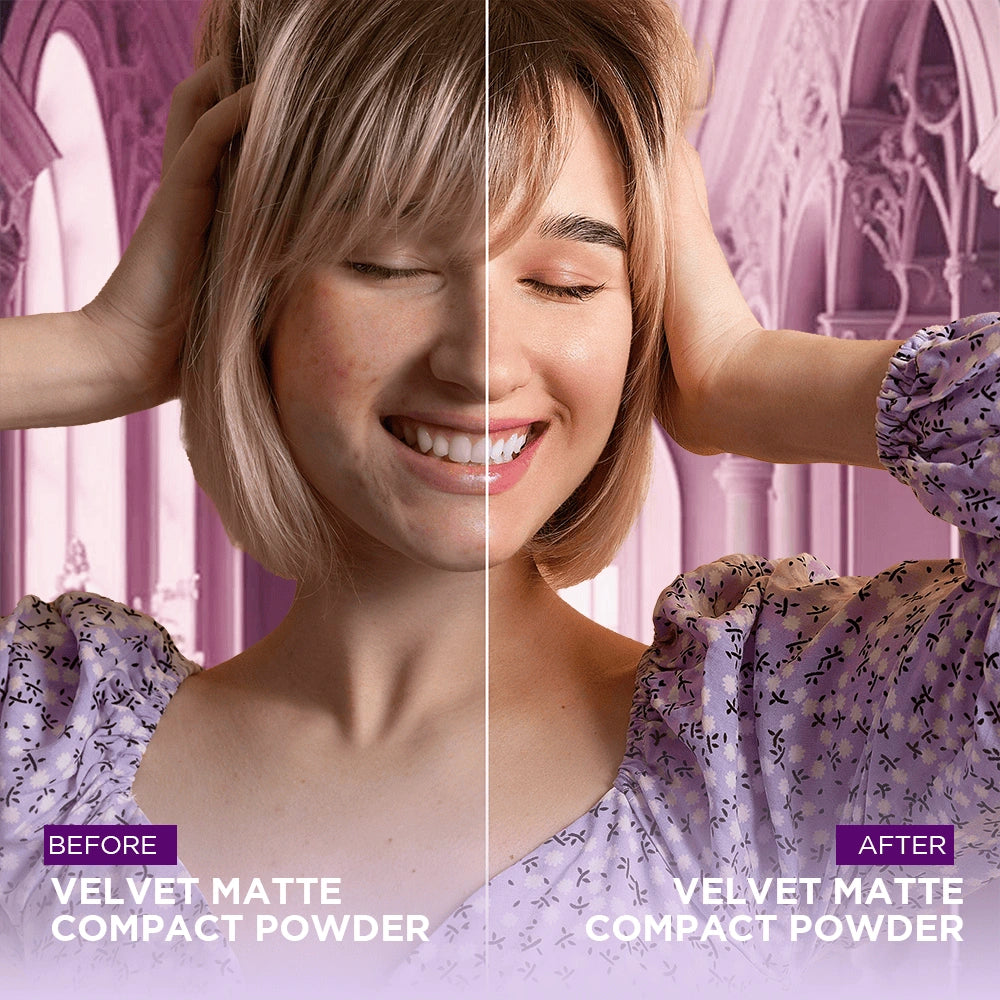 Before and after comparison of a woman using Compact Powder with decorative background.