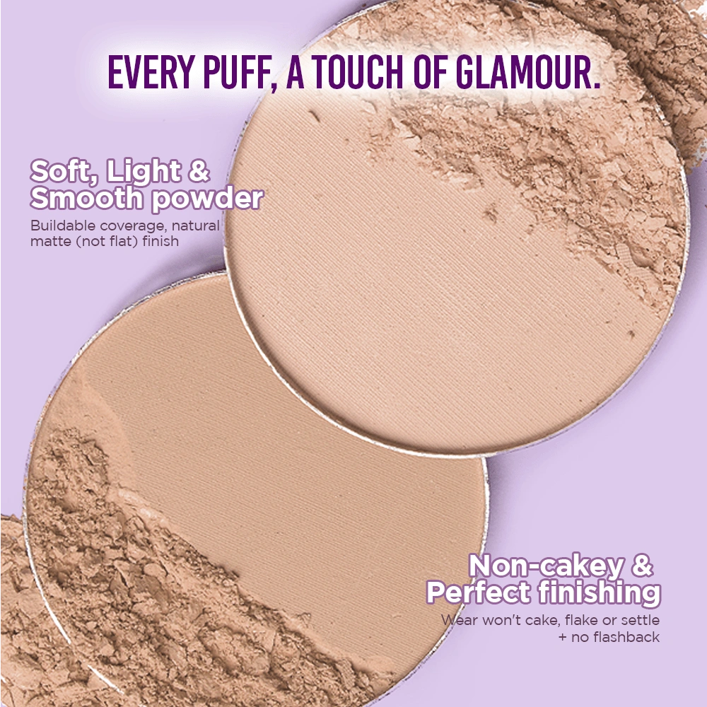 Two round powder compacts with text highlighting their features on a purple background