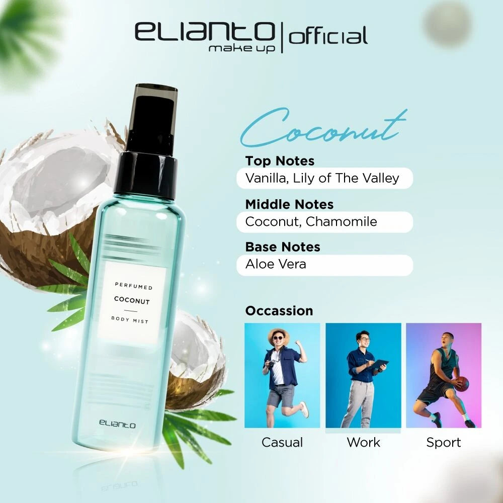Perfume bottle with coconut elements and Elianto branding on a light blue background