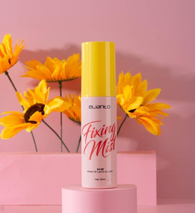 Elianto Fixing Mist for setting makeup, providing a long-lasting, smudge-proof finish with a natural, fresh glow