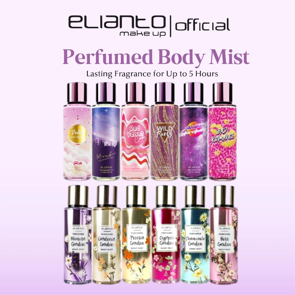 Collection of Elianto fragrance bottles on a light purple background, showcasing a variety of scented body mists in one stylish image