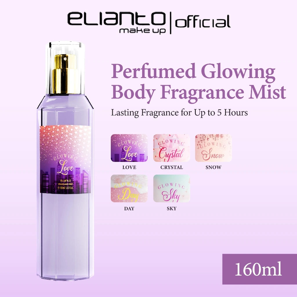 Elianto Glowing Fragrance Mist Collection – 5 bottles featuring fruity, oriental, gourmand, citrus, and floral scents in colorful packaging.