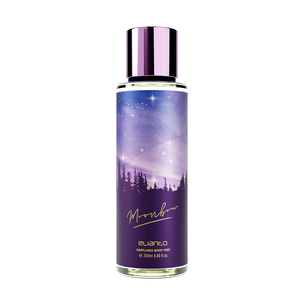 Perfume bottle with purple label featuring a night sky and trees on a white background