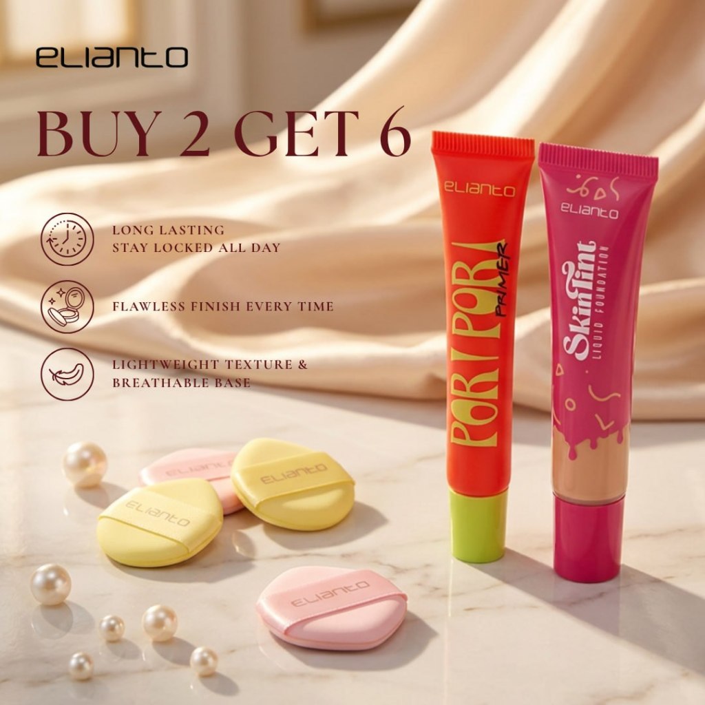 Elianto Skin Tint Foundation + Pori Pori Primer + Finger Makeup Puff