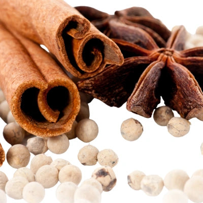Cinnamon sticks, star anise, and white peppercorns on a white background