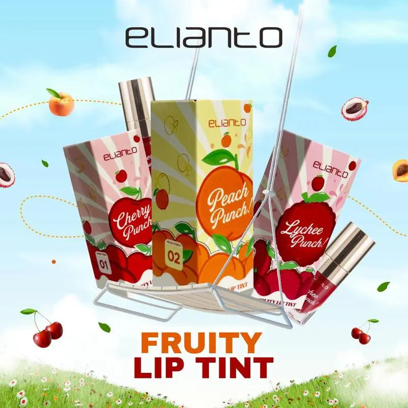 Elianto fruity lip tint products with cherry, peach, and lychee flavors on a colorful background.
