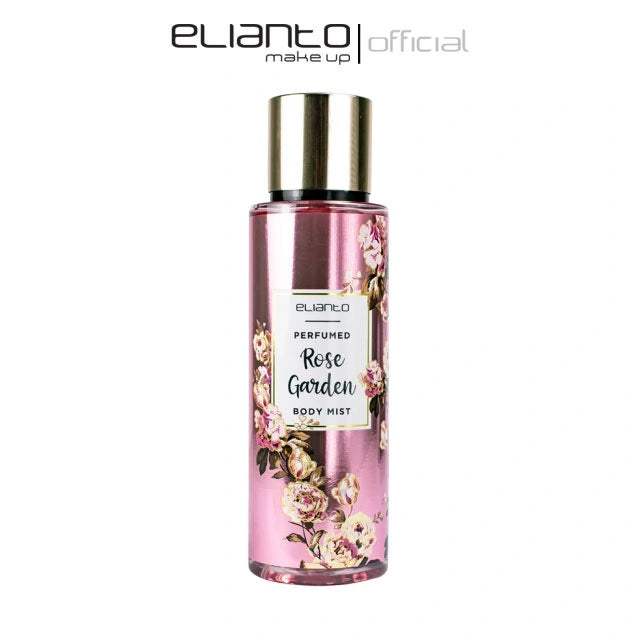 Perfumed Rose Garden body mist bottle with floral design on a white background, featuring the Elianto brand.