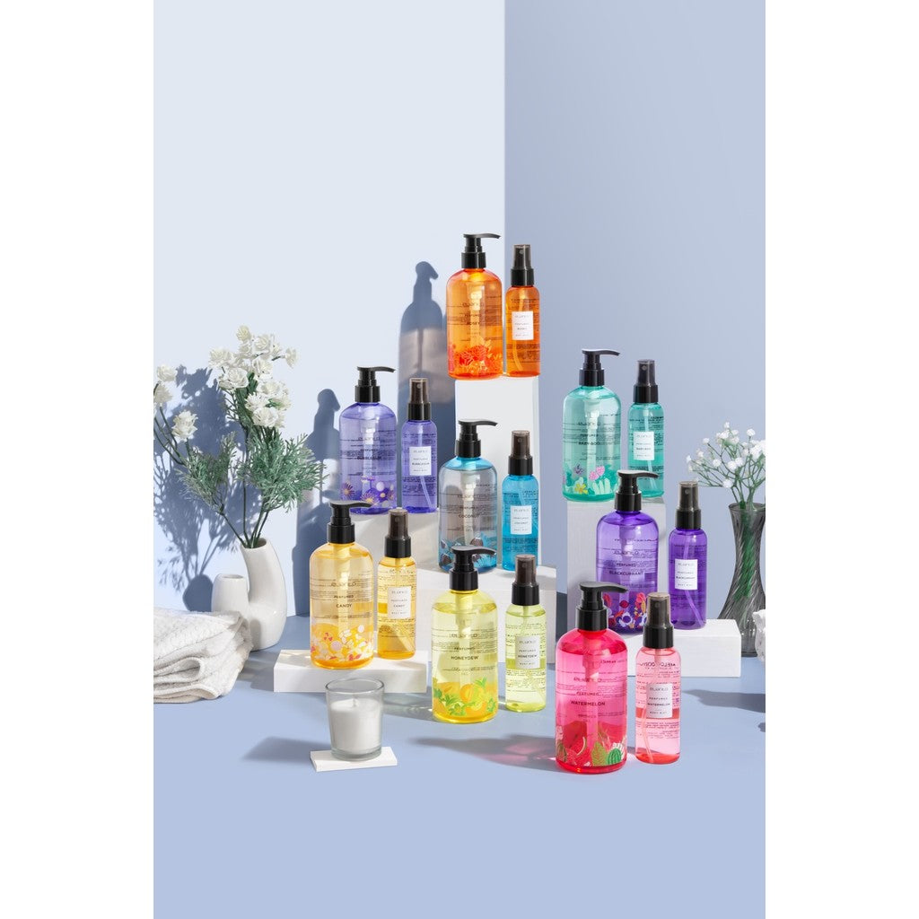 Elianto Shower Gel & Body Mist Set – Complete fragrance collection including Coconut, Watermelon, Honeydew, Candy, Baby-Boo, Blackcurrant, Bubblegum, and Rosey scents in a colorful, refreshing display