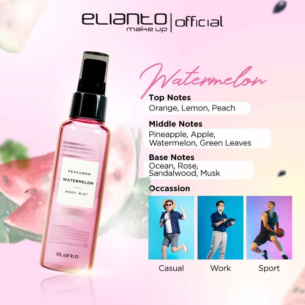 Perfumed watermelon body mist with Elianto branding and product details on a pink background.